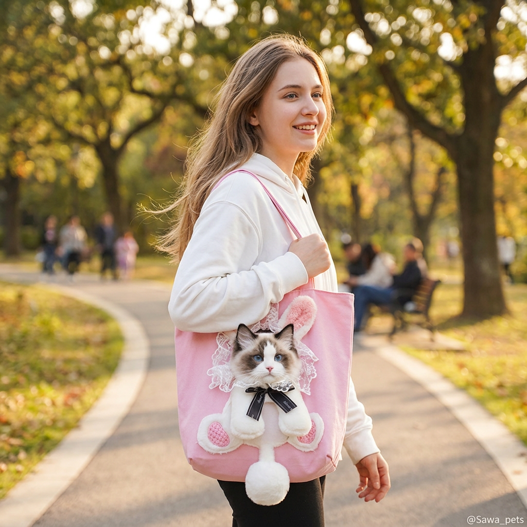 Bunny Pink carrier bag - lifestyle, woman carrying cat in pink bunny costume design