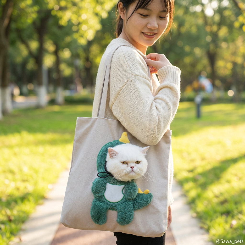 Dino Green carrier bag - lifestyle, woman carrying cat in dinosaur costume design