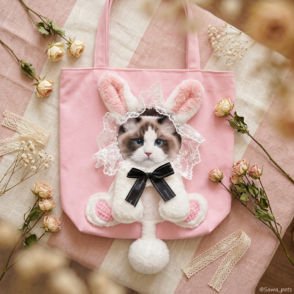 Bunny Pink carrier bag styled with roses and lace