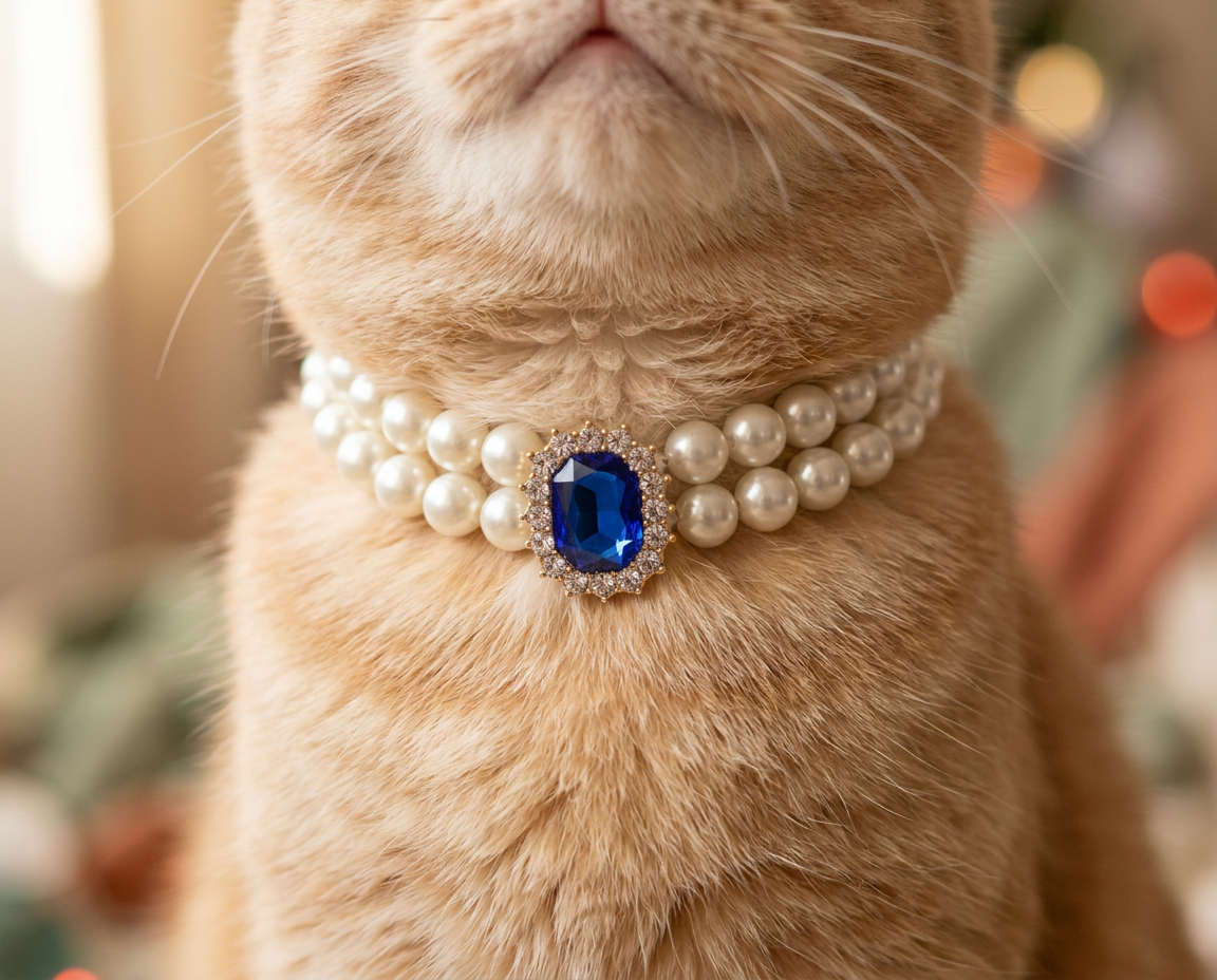 Double-row pearl pet collar with sparkling gem centrepiece for cats and dogs