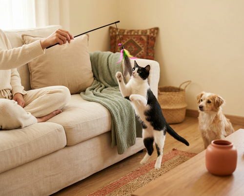 Feather wand cat toy with bell and flexible cord for interactive play