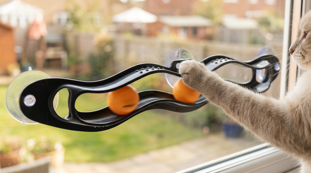Wave-shaped suction window track cat toy that saves floor space