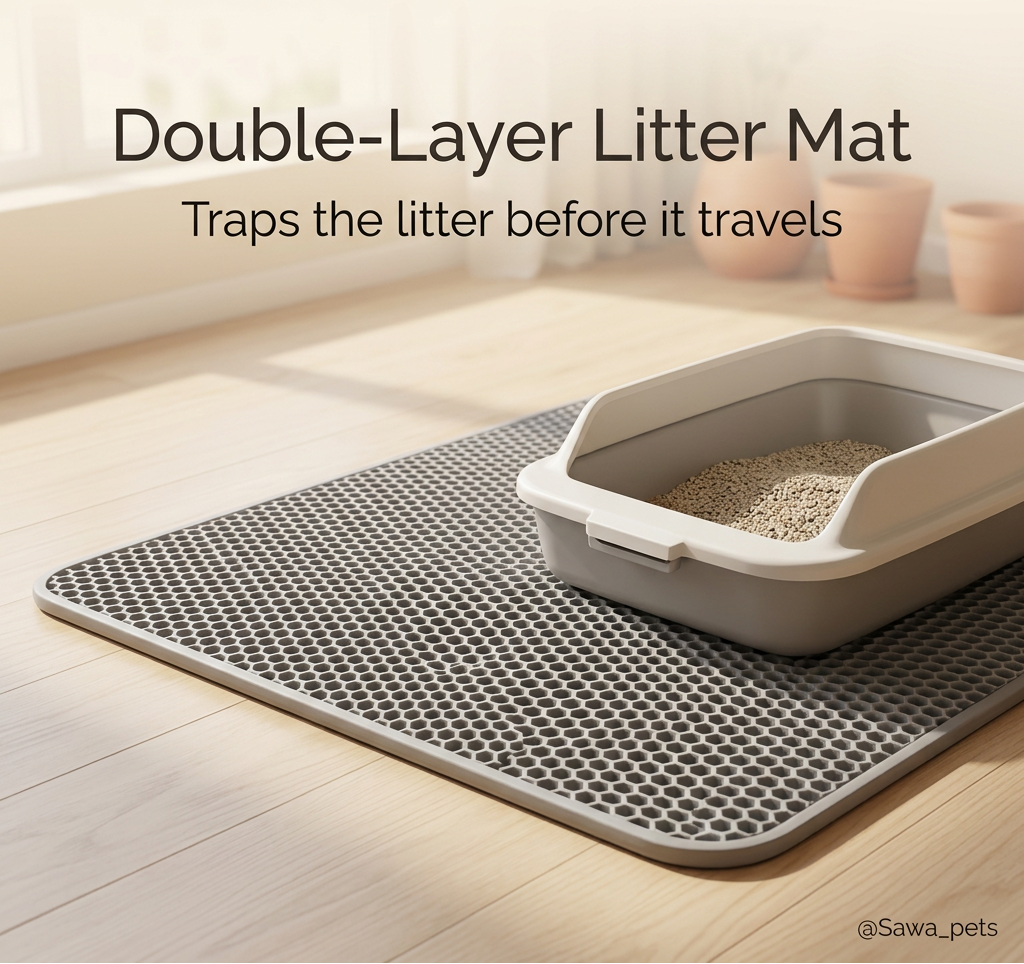 TidyPaws double-layer litter mat that traps litter scattered from the box