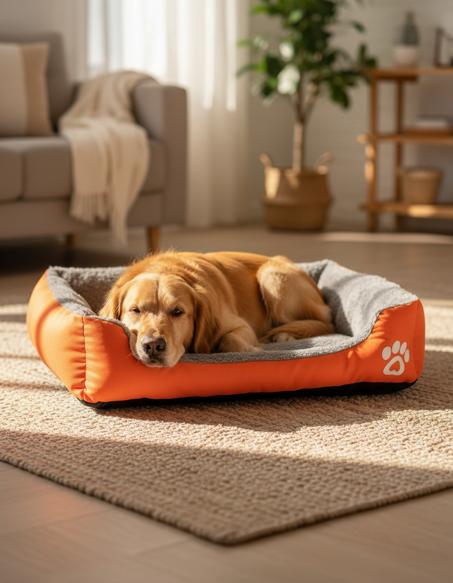 Soft pet bed placed in a home corner beside natural window light