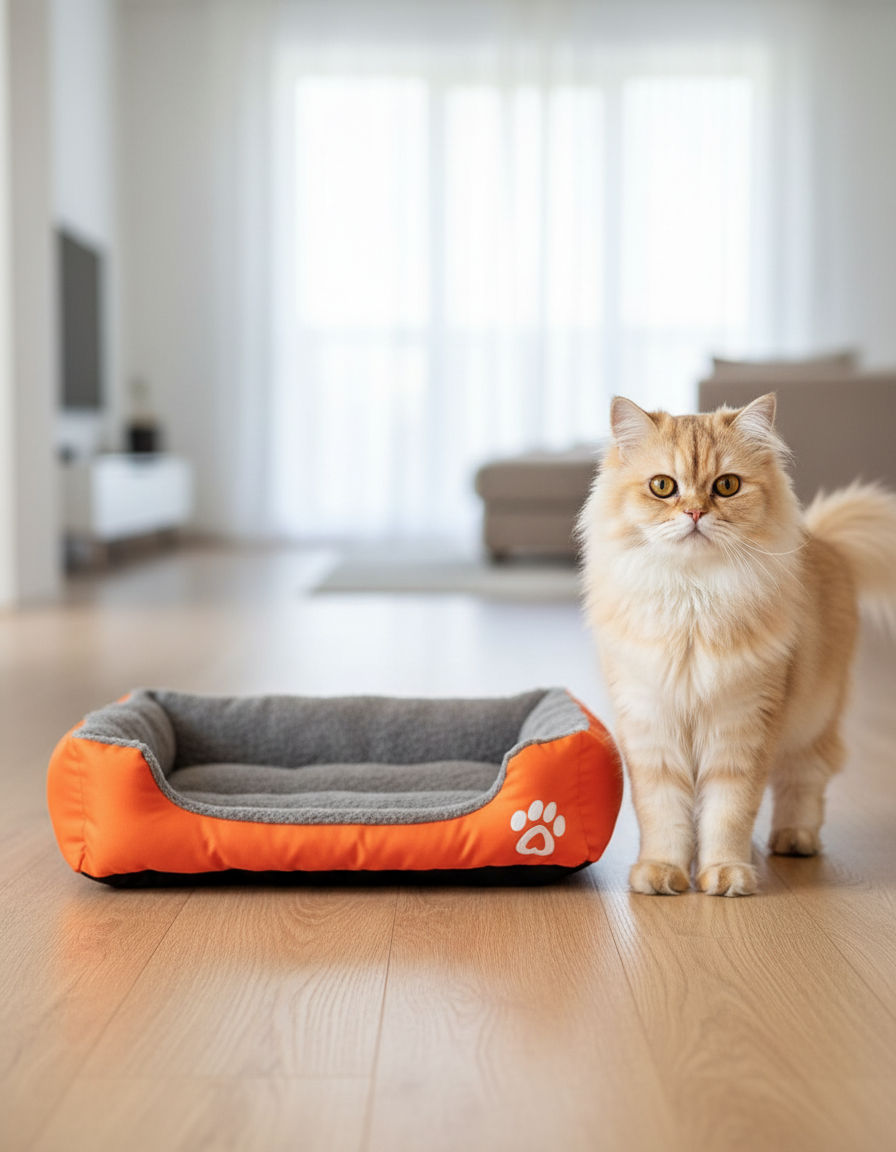 Cat resting inside a bolstered rectangular pet bed in a warm home setting