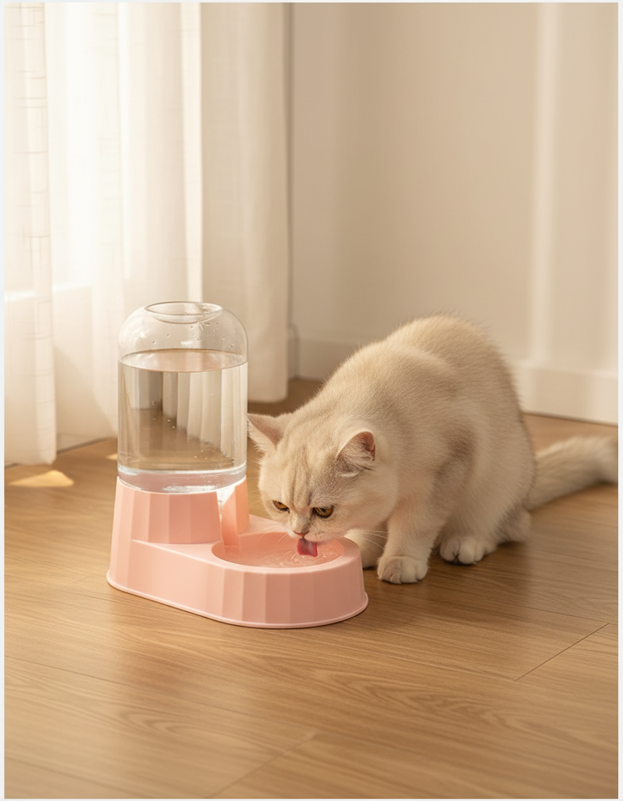 Gravity pet water dispenser with upper reservoir refilling the bowl below
